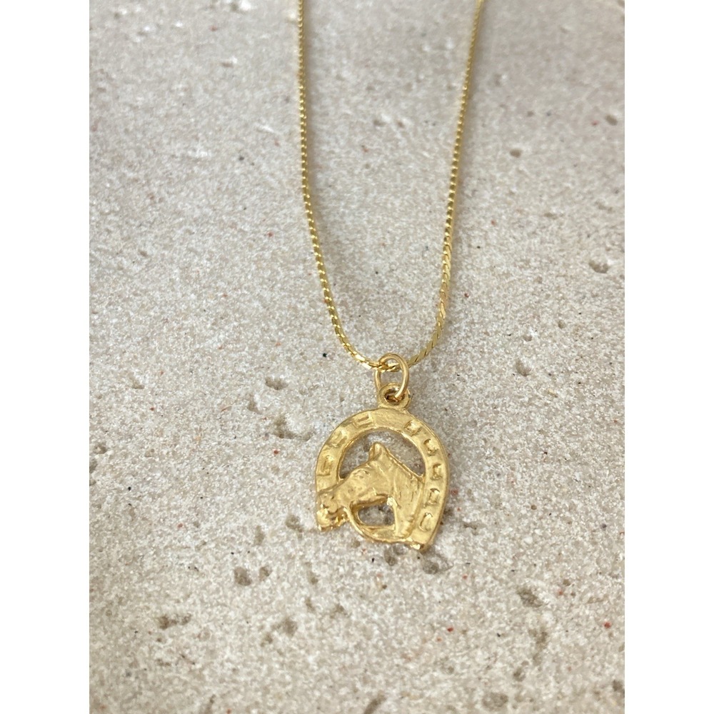 Gold Tone Horse Head‎ Horseshoe Pendant Necklace Equestrian Lucky Charm Dainty